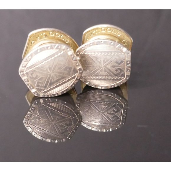 Art Deco Kum-A-Part Snap Link Cufflinks 10K Gold Tops Native American Design - Picture 6 of 8